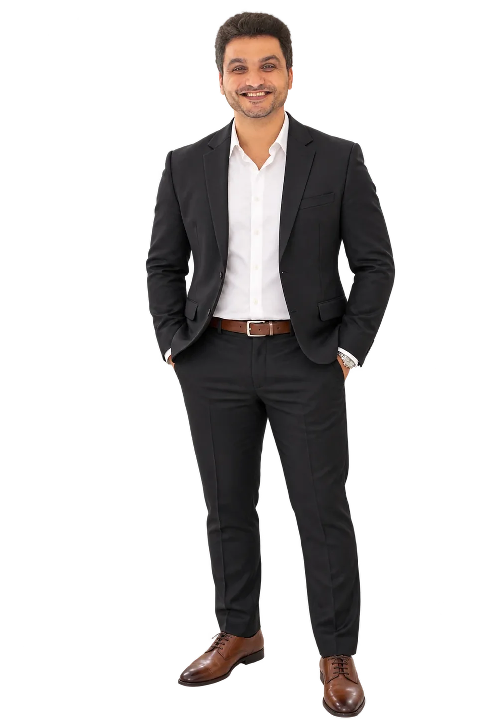 Yash Sharma, standing, in a dark suit and white shirt